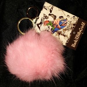 Pink Fur Pom Pom Ball Key Chain Purse Charm Gold Color Swivel Purse Attachment